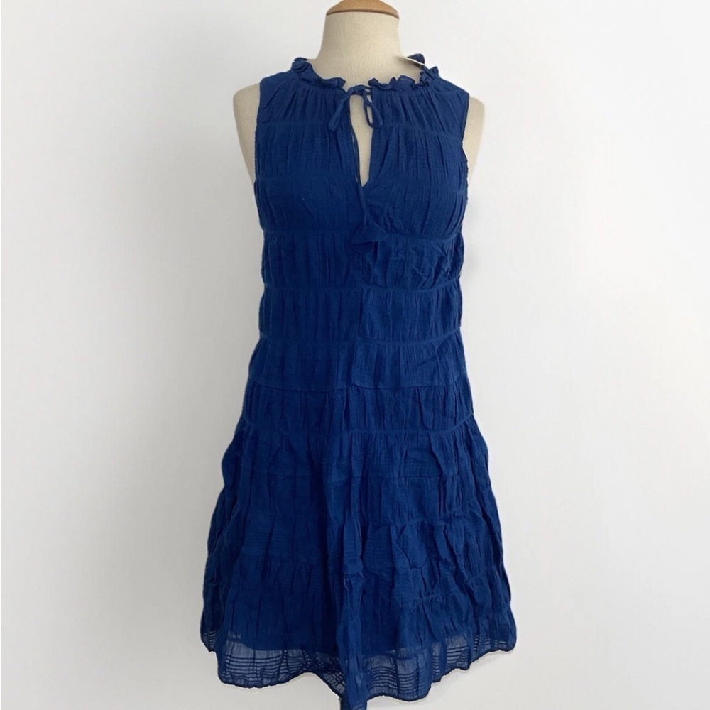 Max Studio Cobalt Blue Gauzy tiered Sleeveless Jersey Lined Dress Tie Neck M NWT